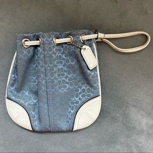 Vintage Light Blue Coach Wristlet with Drawstring and White Leather Trim